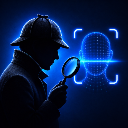 Sherlock Ai app icon — a detective silhouette with a magnifying glass examining a glowing face scan
